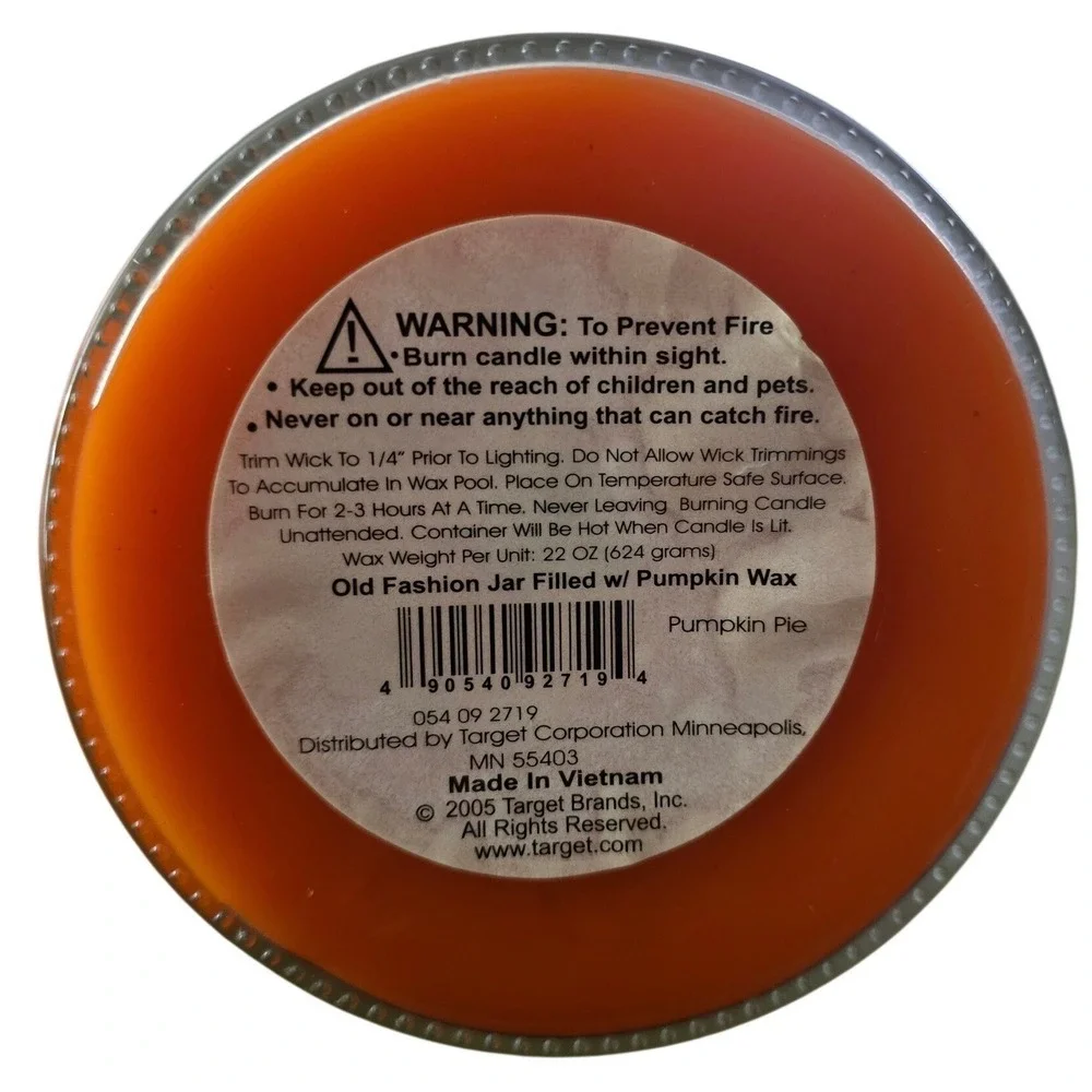 Target‎ Pumpkin Pie Scented Old Fashion Jar Candle 22oz Orange 2005
